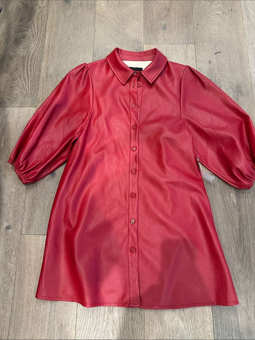 Dolce Cabo Gameday Red Faux Leather Button-Front Top with Puff Sleeves